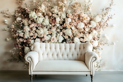 Elegant Cream Sofa Against a Stunning Floral Wall. A beautiful image perfect for interior design, wedding, or event planning projects. photo