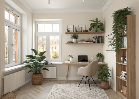 A home office with a desk, chair and plants photo