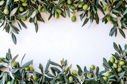 Fresh Green Olives and Branches Frame on White Background Perfect for Culinary, Beauty, or Wellness Designs. photo