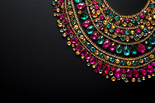 Luxurious Multicolored Gemstone Statement Necklace on Black Background. A stunning close-up showcasing vibrant jewel tones and intricate design details. photo