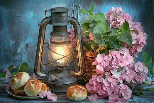 Illuminated Still Life Antique Lantern, Pink Hydrangeas, and Baked Goods. photo