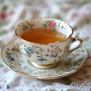 A Delicate Floral Teacup and Saucer with Golden Accents, Filled with Brewed Tea. photo