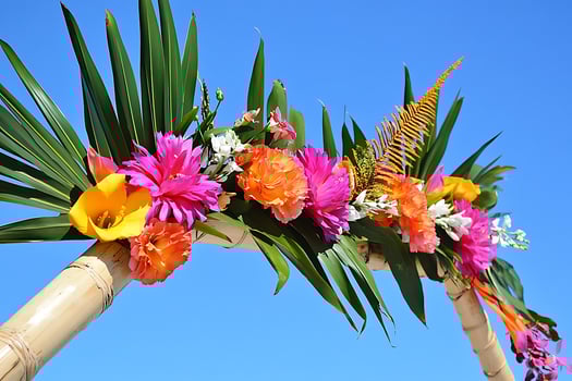 Vibrant Tropical Floral Archway Against a Sunny Blue Sky. A stunning arrangement of colorful flowers and lush foliage adorns a bamboo arch, perfect for wedding or event decor. photo