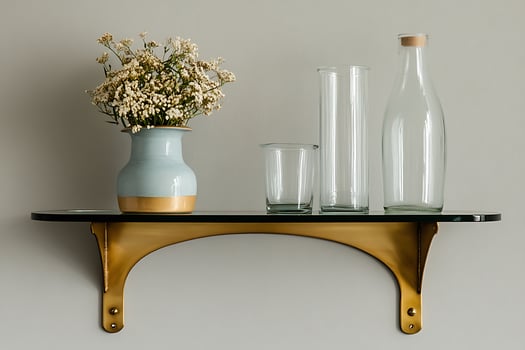 Stylish Glassware and Flower Arrangement on a Modern Brass Shelf. A minimalist home decor scene featuring a glass shelf, delicate flowers, and empty glassware. photo