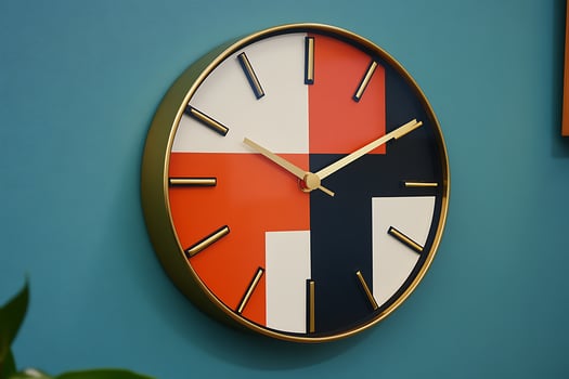 Stylish Geometric Wall Clock with Gold Accents and Teal Background. This modern timepiece features a bold color-blocked design. photo