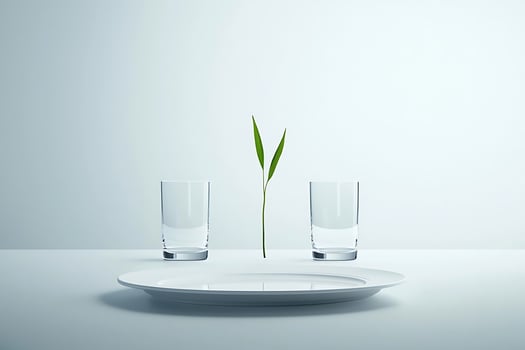 Minimalist Table Setting with Empty Glasses and Plant Sprout. A simple, clean image perfect for representing concepts of freshness, simplicity, or new beginnings. photo