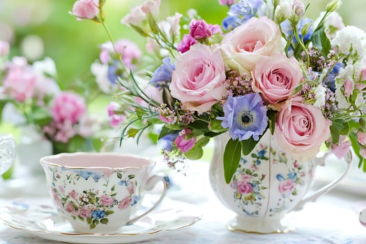 Delicate Pink and Blue Roses in Vintage Teacup Arrangement. A charming floral still life perfect for springtime celebrations or romantic settings. photo