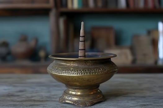 Ornate Brass Incense Burner with Incense Stick. A detailed close-up of an antique-style brass incense holder. photo