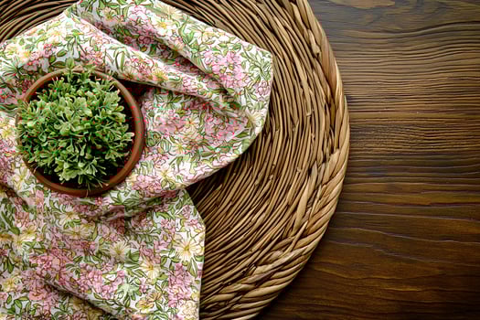 Rustic Tabletop Still Life Floral Fabric, Potted Plant, and Woven Placemat. photo