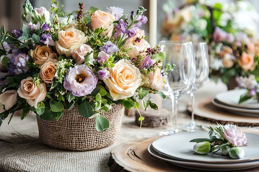 Elegant Peach and Lavender Floral Centerpiece on Rustic Table Setting. photo