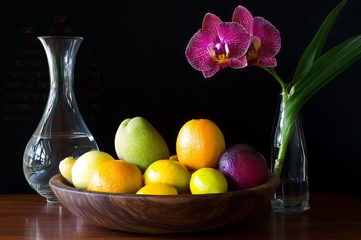 Still Life of Fruit and Orchid in Wooden Bowl and Glass Decanter. A vibrant composition featuring a colorful array of fruit and a striking orchid. photo