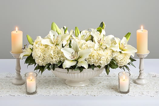 Elegant White Lily and Hydrangea Centerpiece with Candles. A serene and sophisticated floral arrangement perfect for weddings, memorials, or special events. photo