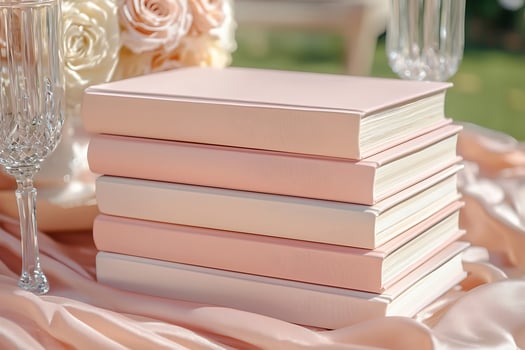 Stack of Blush Pink Books on a Silk Fabric with Crystal Glasses. photo