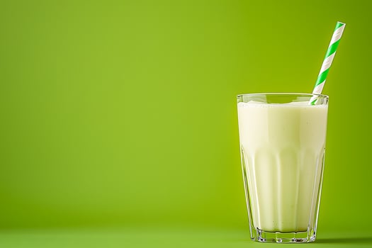 Refreshing Creamy Drink in Glass with Striped Straw Against Green Background. A close-up image of a delicious, creamy beverage perfect for summer. photo