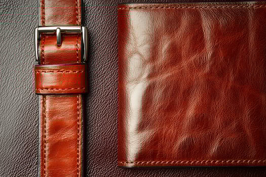 Luxurious Brown and Orange Leather Texture with Belt Buckle Detail. A close-up image showcasing the rich grain and stitching of premium leather. photo