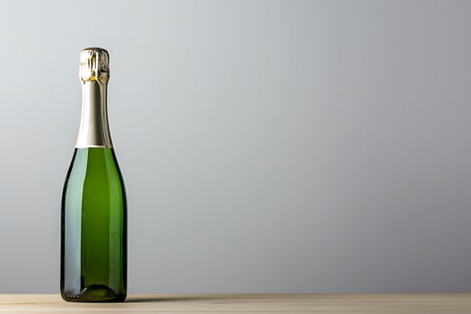 A Single Bottle of Sparkling Wine on a Wooden Surface. The image offers a clean, minimalist aesthetic, ideal for celebratory or beverage-related designs. photo