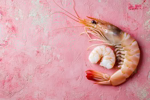 Fresh Shrimp on Pink Textured Background Culinary Still Life. photo