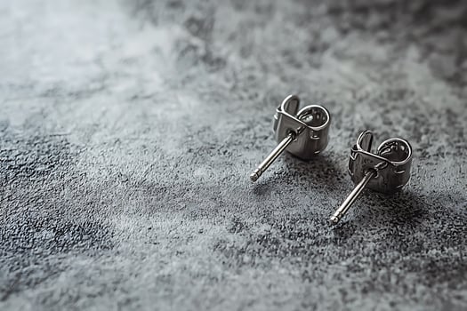 Elegant Silver Stud Earrings on a Textured Surface. A close-up shot showcasing the detail of stylish jewelry. photo