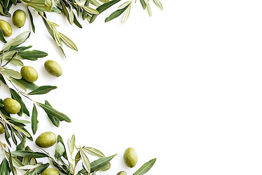 Olive Branch Frame Green Olives and Leaves on White Background. A fresh, natural border design perfect for food, health, or Mediterranean-themed projects. photo