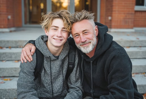 Father and son sharing a loving moment outside school photo