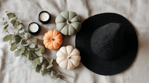Halloween autumn flatlay with colorful pumpkins, black witch hat, candles and eucalyptus branches on linen fabric. Seasonal fall decoration styling for October holiday celebration and home decor. photo