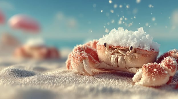 A crab covered in snow on a sandy beach. photo