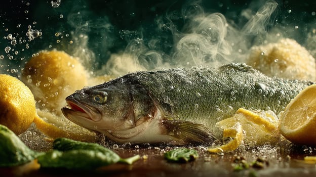 Delicious fresh fish with lemon and herbs. photo