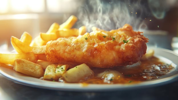 Crispy fried fish with golden chips and sauce. photo