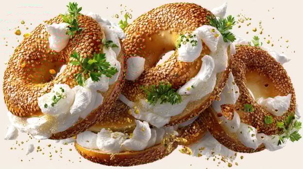 Stack of sesame bagels topped with cream cheese and parsley. photo
