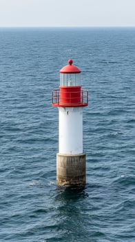 Vibrant Red and White Lighthouse Standing Tall in the Vast Blue Ocean, a Guiding Beacon for Maritime Navigation and Coastal Safety photo