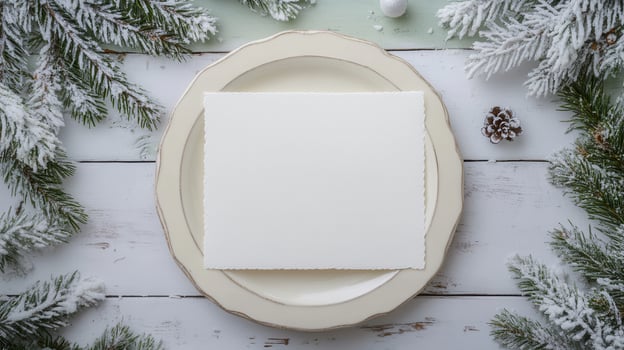 Elegant white napkin adorning festive dining table, featuring pine holiday snowy fir branches, sparkling silver ornaments creating sophisticated seasonal cones, atmosphere photo