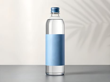 Clear Glass Water Bottle with Light Blue Label on Grey Surface photo