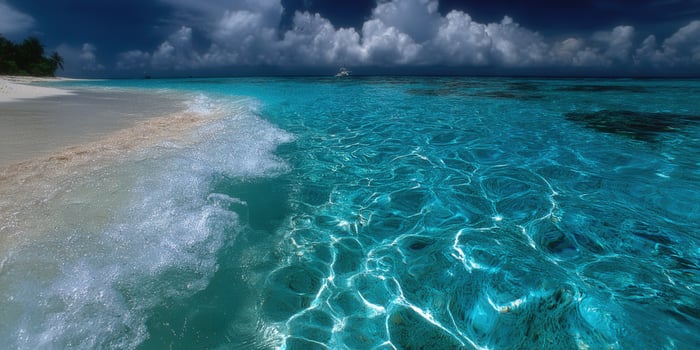 The turquoise ocean gently kisses the white sandy shore under a dramatic, cloud-filled sky. photo
