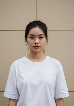 Asian woman wearing white t - shirt standing against beige wall photo