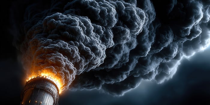 Dramatic scene of heavy smoke billowing from a factory chimney, symbolizing pollution and environmental damage. photo