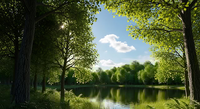 Serene Forest Lake Reflecting Sunlit Trees and Blue Sky with White Clouds on a Beautiful Summer Day photo
