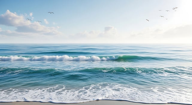 Serene Ocean Waves Gently Rolling onto a Sandy Beach on a Bright Sunny Day with Distant Birds Flying photo