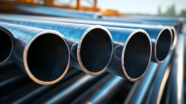 Steel pipes stacked at a construction site during late afternoon with warm sunlight illuminating the materials photo