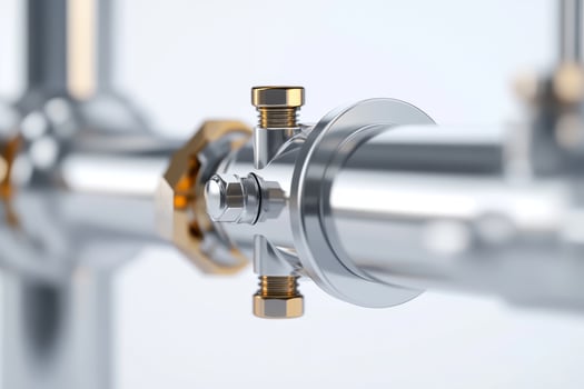 Close-up of shiny industrial piping with brass fittings showcasing modern engineering in a clean environment photo