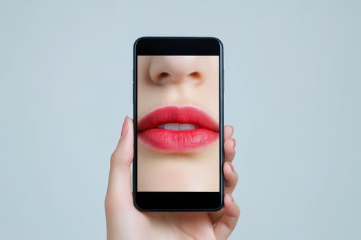 Close up of bold red lipstick on smartphone screen held by a hand against neutral background showcasing beauty trends photo