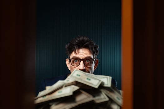 Businessman surprised by large pile of cash in office during late evening hours photo