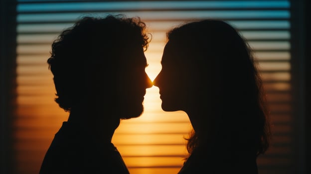 Couple sharing a romantic moment in silhouette against a vibrant sunset backdrop photo