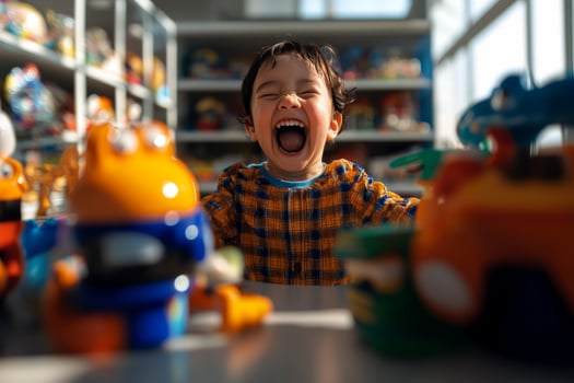Joyful child playing with colorful toys in a bright indoor playroom, expressing excitement and happiness during playtime photo