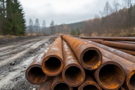 Rusty steel pipes stacked beside a muddy road in a forested area during an overcast day photo