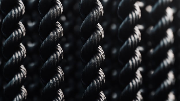 Textured black rope strands create a striking abstract background in close-up detail photo