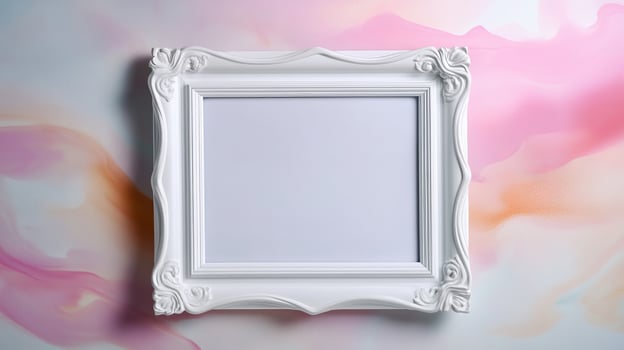 Decorative white picture frame on pastel painted background for art display and decoration ideas in interior design photo