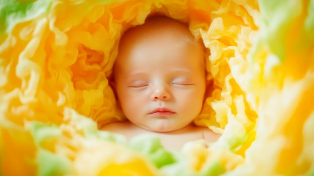 Newborn baby peacefully sleeping wrapped in colorful fabric indoors during soft daylight photo