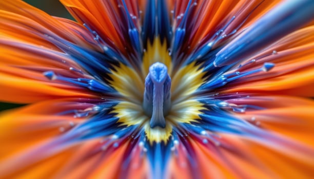 close up view of a bird of paradise bloom showcasing vivid orange and blue petals in a geometric shape. photo
