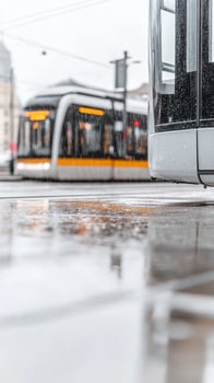 Urban Symphony Modern Trams Glide Through Rainy City Streets, Reflecting Glimmering Lights on Wet Pavement photo
