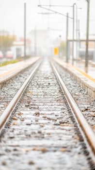 Rainy Train Tracks Converging on a Misty Horizon A Poetic Glimpse of Urban Transit and the Endless Journey Ahead on a Wet Day photo